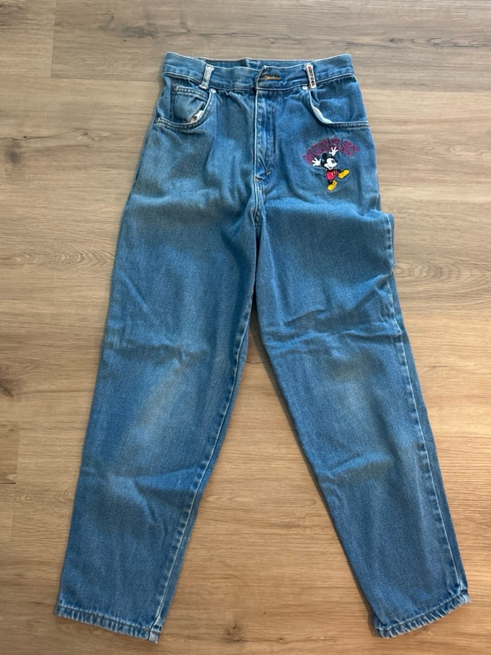 High-Rise Blue Denim Jeans with Embroidered Mickey Mouse